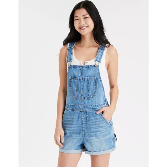 American Eagle Denim Tomgirl Short Overall WMNS Relaxed Fit Medium Vintage Wash - Picture 2 of 11